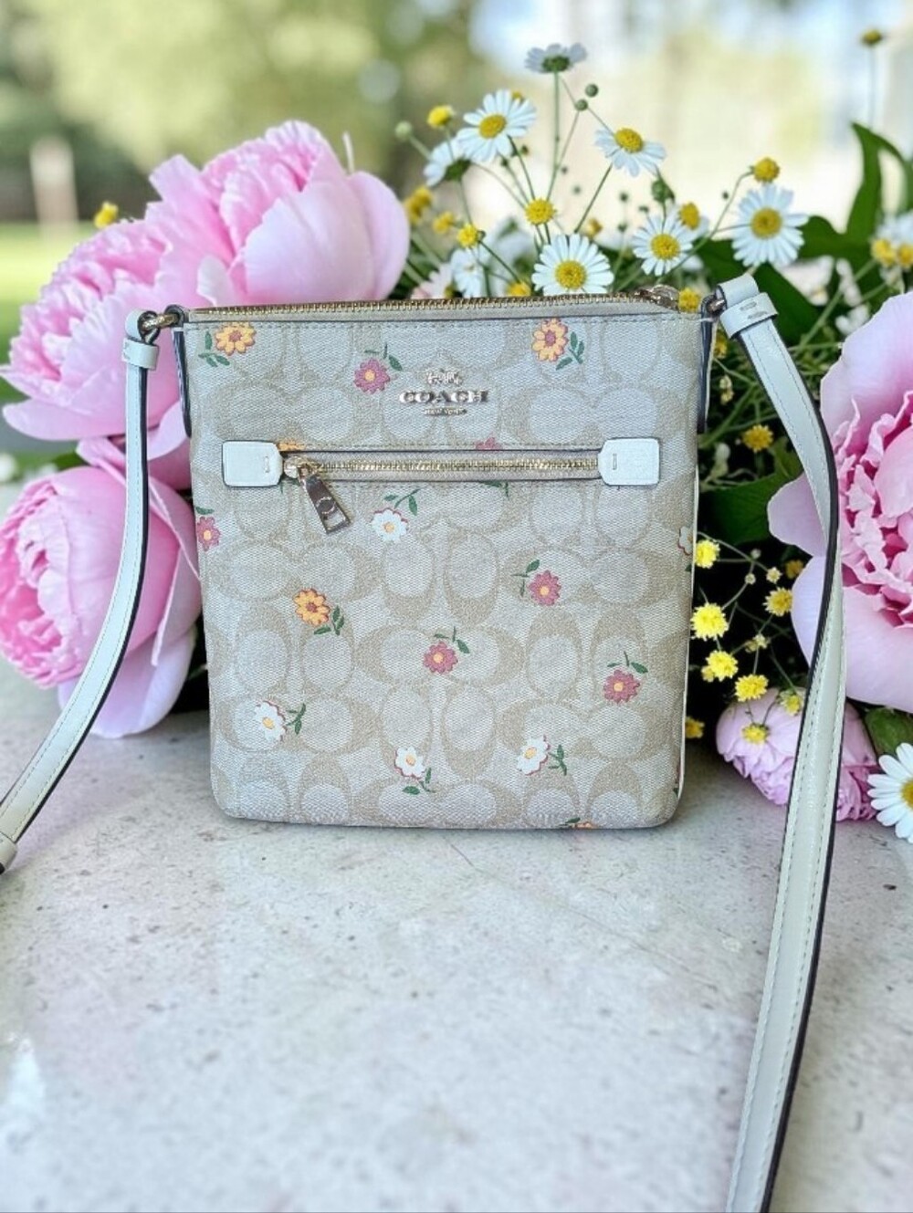 Coach Beige Signature Crossbody with Pastel Floral Print